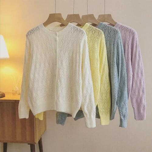 Hollow out Button o-neck Cardigans Sweater Office Lady Full Computer Knitted Sweaters Long Sleeve Top Women Autumn Spring slim