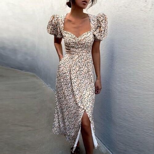 Floral Print Boho Long Dress 2021 Spring Puff Short Sleeve Women Summer Midi Dress Vintage V Neck White Slit Party Beach Dresses