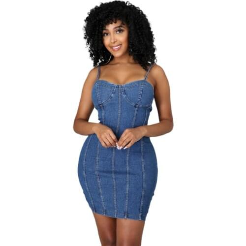 Sexy Spaghetti Strap Splicing Zipper Elastic Cotton Denim Midi Dress Summer Bodycon Dress Vestidos Mujer Verano 2021 Robe Femme