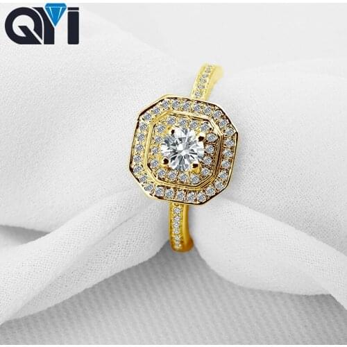 QYI 14K Solid Yellow Gold Double Halo Rings Women jewelry Round Cut Sona Simulated Diamond Engagement Ring For Wedding