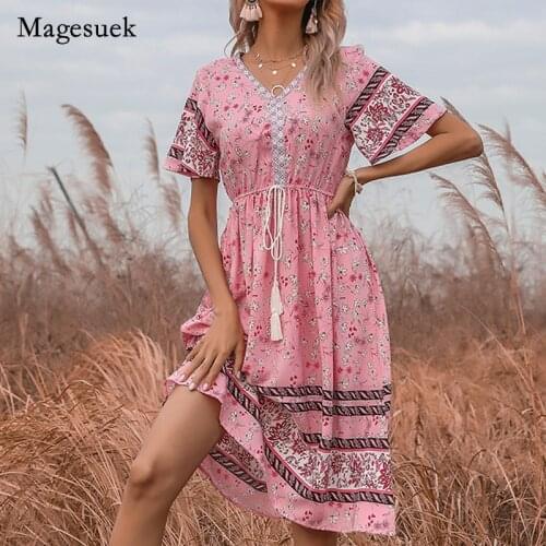 2021 Summer Women Fashion Dress Chiffon Floral Flare Sleeve Pink V-Neck Dress Casual Elegant Belt Dress for Women Vestido 14626
