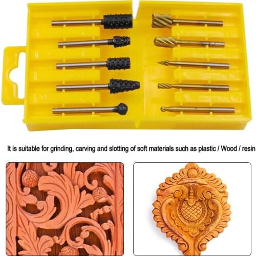 10pcs Set HSS Rotary Milling Rotary File Cutter Resin Wood Carving Carved Knife Cutter Tools Accessories with Storage Box