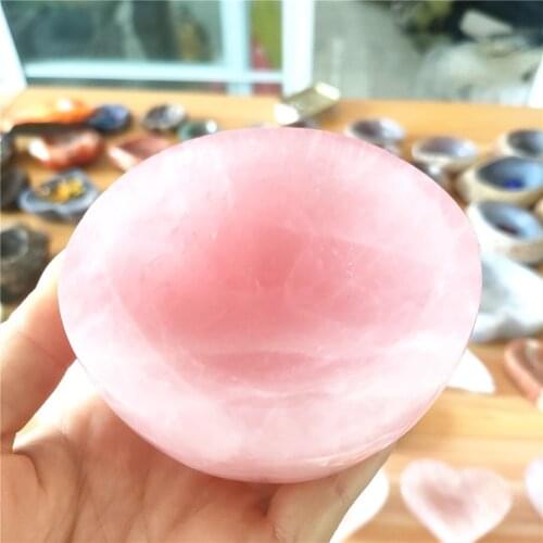 450-550g Natural Crystal Rose Quartz Round-Shaped Bowl Ashtray Crystal Hand Carved Rough Stone Treatment Gem Decoration