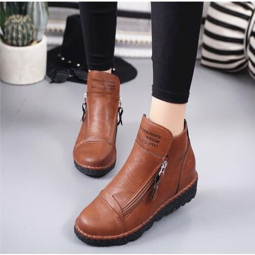 Boots Women Plus Size Retro Leather Ankle Zipper Womens Boots Casual Round Toe Low-Heele Non-Slip Roman Short Botas Mujer 35-40