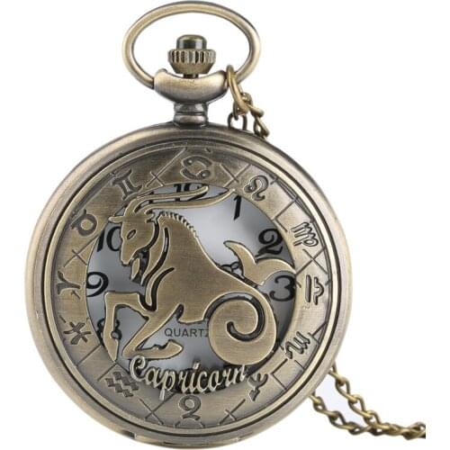 Vintage Bronze 12 Constellations Theme Series Quartz Pocket Watches Modern Zodiac Clock Chain Christmas Birthday Gifts Dropship