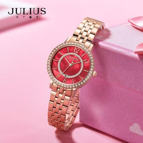 New Auto Date Julius Sapphire Womens Watch Japan Mov't Hours Elegant Fashion Clock All Stainless Steel Bracelet Girls' Gift Box