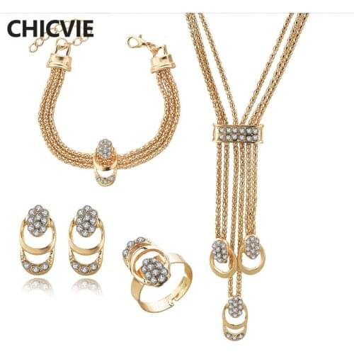 CHICVIE 4pcs Fashion Gold Necklace Earrings Bracelet Rings Set Wedding Crystal Jewelry Sets For Gold Women Jewelry Set SET190009