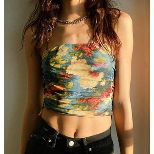 Fashion Flower Printing Crop Tops Summer Women Drawstring Sides Casual Wild Home Camis Streetwears