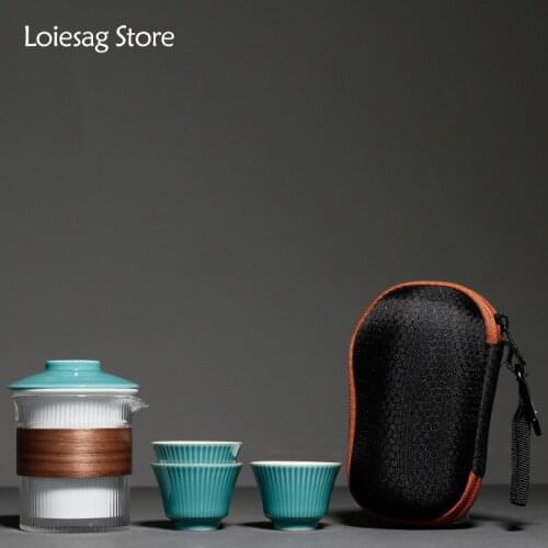 Loiesag 180ml Celadon One Pot Three Cup Kuai Ke Cup Ceramic Kung Fu Tea Set Portable Travel Kung Fu Hand Grab Pot Tea Bowl Set