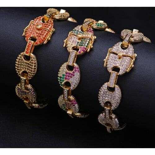 LuReen Hip Hop 12MM Rainbow Crystal Cuban Link Bracelet Iced Out Mens Copper Material Gold Silver Color Chain Bracelet Jewelry