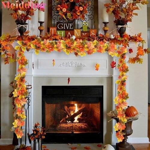Thanksgiving Autumn Decoration Artificial Maple Leaves Garland Fake Foliage String Light Halloween Christmas Fireplace Decor