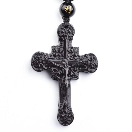 Natural obsidian pendant for men and women pendant Jesus cross Christian Jesus necklace manufacturers wholesale
