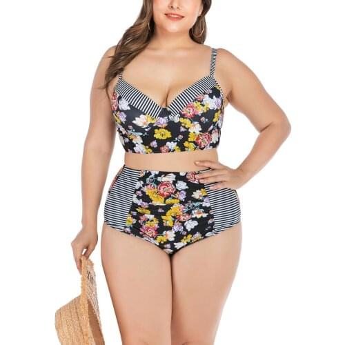 Plus Size Swimwear Stripe Flower Print Two-Piece Swimsuits Women Bikini Set Push Up High Waist Bathing Suit Female Biquini L-4XL