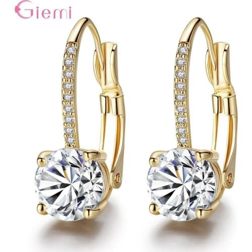 Fashion Simple Four-Claws White Cubic Zircon Gold Hook Earrings Round Rhinestone Trendy Jewelry Gift for Women Girl