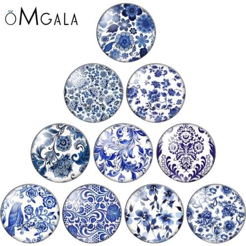 Blue and white Porcelain Flowers mixed 10pcs 12mm/18mm/20mm/25mm Round photo glass cabochon demo flat back Making findings