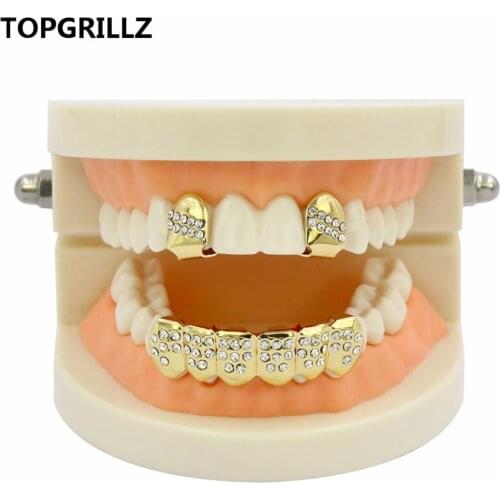 TOPGRILLZ New Fit Yellow Gold Color Plated 2 Single Top Teeth Grillz Cap Tooth Grills &Bottom Crystalls Hip Hop Grill