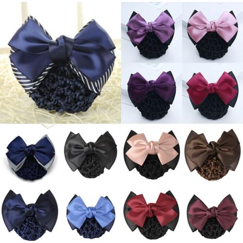 Satin Bow Barrette Double Bowknot Snood Hairnet Cover Ribbon Hair Bun Ladies Flight Attendant Hair Clip Women Hair Accessories