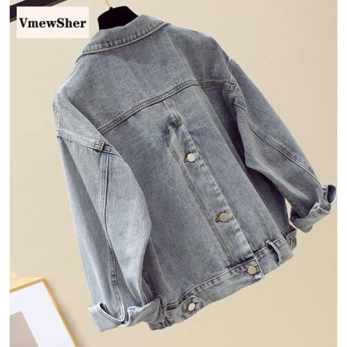 VmewSher New Spring Back Buttons Women Jean Jacket Long Sleeve Turn Down Collar Denim Coats Big Pockets Autumn Short Outwear
