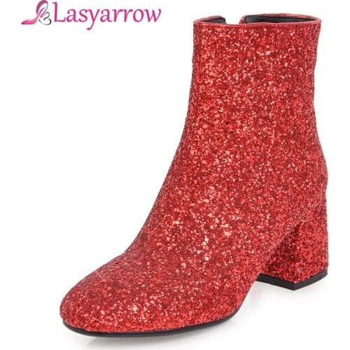 Lasyarrow Brand Glitter Ankle Boots For Women Fashion Square Toe Autumn Shoes Women High Heel Comfortable Short Boots Heel Shoes