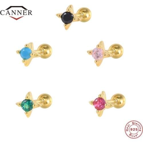CANNER Real Small Colored Zircon 925 Sterling Silver Piercing Cartilage Stud Earrings for Women Earings Silver 925 Fine Jewelry