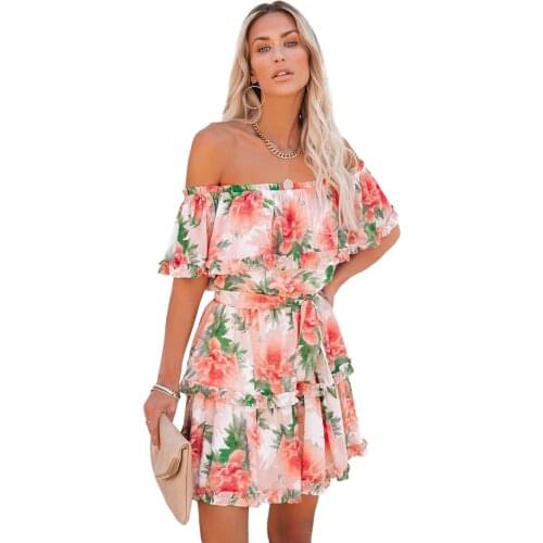 Off The Shoulder Ruffle Floral Dress for Women Slash Neck Short Sleeve A Line Short Dress