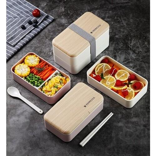 1PC Multi-functional Microwave Lunch Box Wood Grain Bento Box 2 Layer Container Storage Portable Kitchen Durable Lunch XB 095