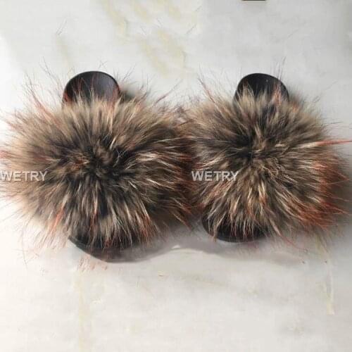 2020 real raccoon fur slippers women Full Fox Fur Slipper Flat Beach Slides Hot Sizes 36-45 available real fur slippers