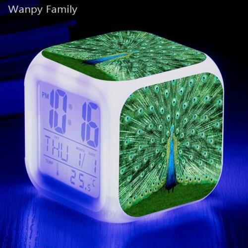 2020 New peafowl LED alarm clock 7 Colors Changing Night Light Led Digital Alarm Clocks Student Desk Clock with Thermometer