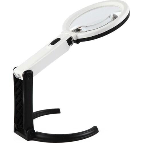 2X 5X Foldable LED Lighted Magnifier with 10 LED Lamp, Handheld & Desktop Hands Free Magnifying Glass with Light for Reading