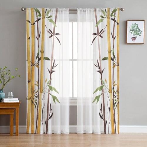 Bamboo Watercolor Painting Tulle Curtains For Living Room Bedroom Voile Curtain Home Decoration Sheer Balcony Door Curtain