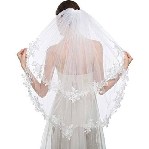 Engrossing Elegant Wedding Veil 2T Two-tier Elbow Veils Lace Applique Edge with Comb