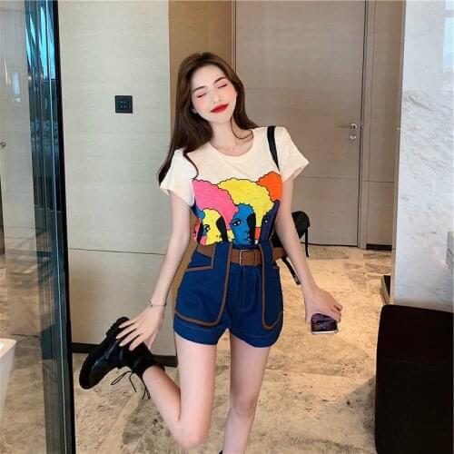 EasyGarment Summer 2021 Young Graceful Korean Style Women Suit Short Sleeve Shirt Denim Shorts Two-Piece Suit for Women