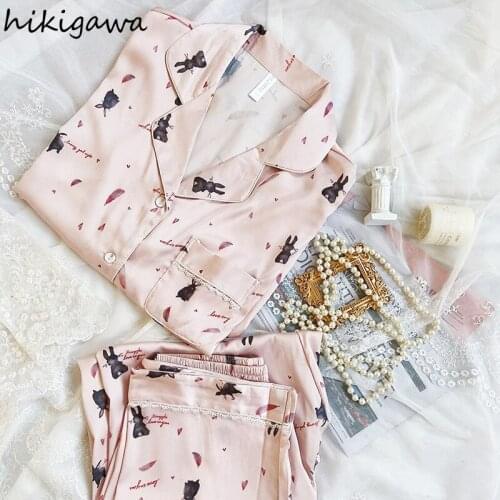 Hikigawa New Pajamas Set for Women Summer Thin Sleepwear Ice Silk Cartoon Print Pantsuits Home Clothing 2021 Pijamas De Mujer
