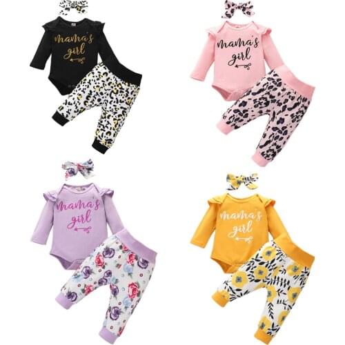 Baby Girls Long Sleeve Romper Letter Print Ruffles Jumpsuit Infant Leopard Flower Pattern Trousers 2Pcs Children Toddler Outfits