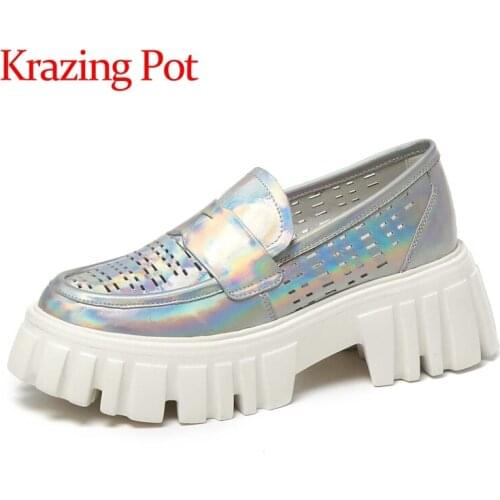 Krazing Pot cow leather round toe high heels hollow out high street fashion British school casual thick bottom women sandals L11