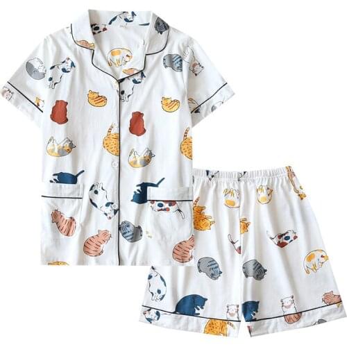 Summer new pajamas ladies thin knitted cotton short-sleeved shorts cartoon print pattern home service suit two-piece suit