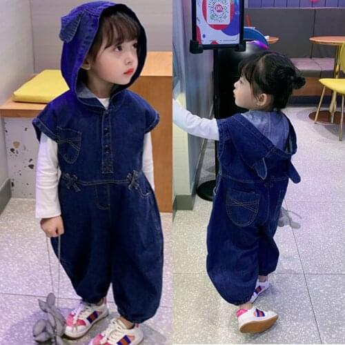 Childrens Cute Jumpsuits Summer Models Childrens Hooded Denim Pants Childrens pants Childrens Clothing