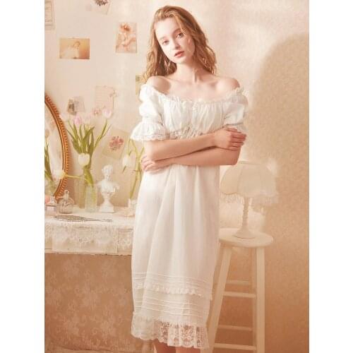 Free Shipping Rose New Summer Princess Nightdress Womens Long Nightgown Lace Sleepwear 100% Cotton Pink and White Nightshirt