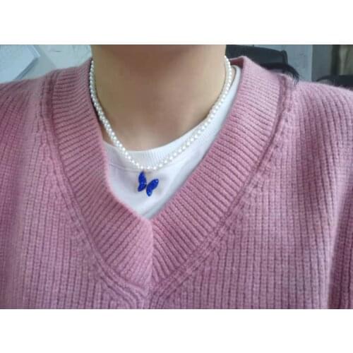 Stainless Steel Gold Chain CZ Blue Butterfly Necklace For Women Bijoux Femme Imitation Pearl Choker Necklaces Birthday Gift