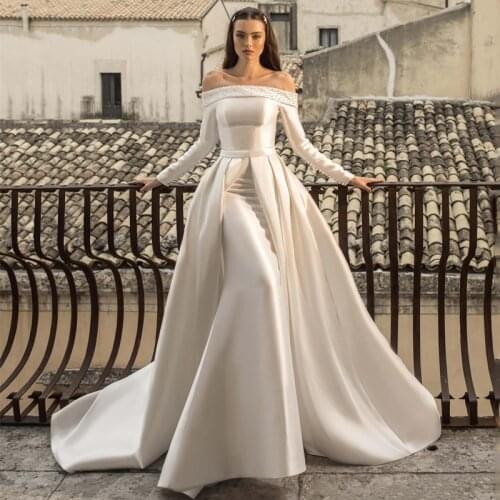 Eightree Pirncess Wedding Dresses With Detachable Train Long Sleeve Simple Mermaid Bridal Gowns Satin Ivory Beading Wedding Gown