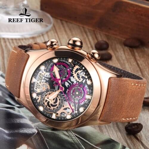 Reef Tiger/RT Luxury Skeleton Sport Watches Men Rose Gold Luminous Quartz Watches Genuine Leather Strap Waterproof Watches
