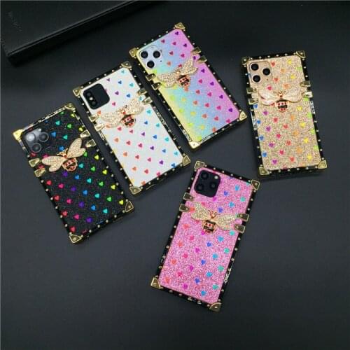 Luxury Square Case for iPhone 12 X XS Max XR Fashion Heart Glitter Bee Cover Phone Cases for iphone 11 PRO MAX 7 8 Plus 6 6S