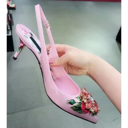 Pink Women High Heels Diamond Slingback Pumps Bling Rhinestone Floral print Women Pumps wedding dress pumps zapatos de mujer