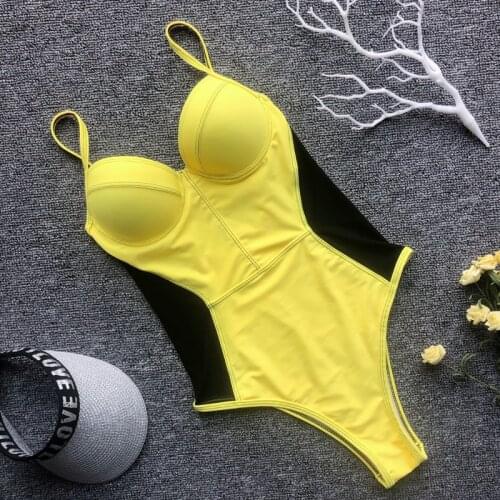 Sexy Splicing Mesh One Piece Swimsuit Women Push Up Swimwear Monokini Bandage Bathing Suit Women Spaghetti Strap Swimming Suit