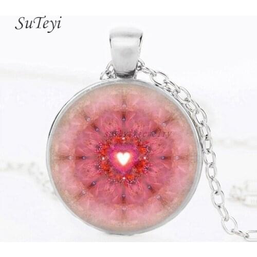 SUTEYI Charms Handmade Glass Jewelry Pink Mandala Lotus Necklaces & Pendants Henna Yoga Om Symbol Zen Buddhism Necklace