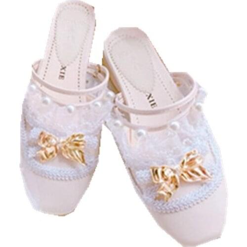 Lolita round head shoes baotou sandals slippers womens shoes Lolita girlish sweet sweet half drag Low help Victoria Kawaii