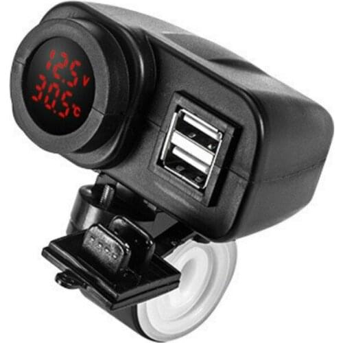 Waterproof Motorcycle 5V 4.2A Dual USB Charger & Voltage Temperature Display Voltmeter for 7/8 and 1" Handlebar Mounting