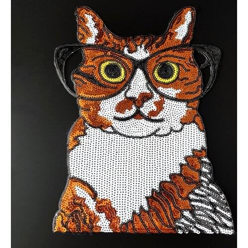 Iron on patches for clothing 316mm Cat Golden White Sequined Fabric Sequins Strange things T shirt Biker Patch Clothes Stickers