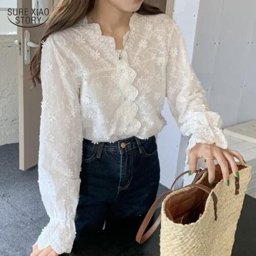 2021 Autumn Flowers Puff Sleeve Chic Blouse V-neck Elegant Button Long-sleeve Gentle Blouse Casual Fairy White Sweet Shirt 16917