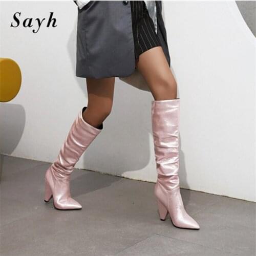 2020 Autumn/winter Woman Shiny Pointed Toe Boots High Boots For Women Wrinkle Runway Shoes Knee High Boots Outdoor Size Plus